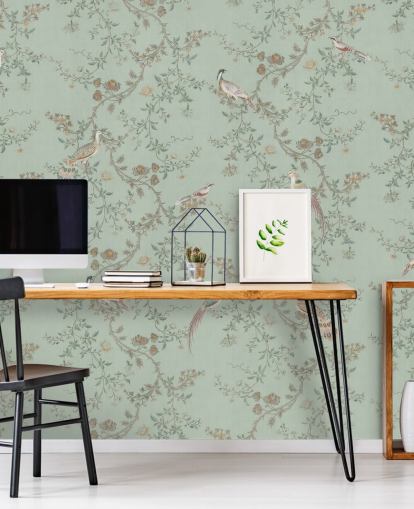 mural de papel pintado de chinoiserie verde azulado llamado Vintage Teal Chinoiserie de Bloomery Decor para dormitorios y salas de estar