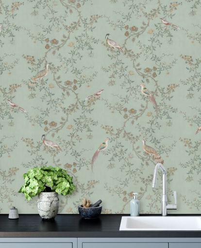 teal chinoiserie wallpaper mural called Vintage Teal Chinoiserie by Bloomery Decor for bedrooms and living rooms