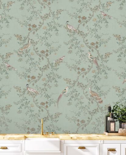 Bloomery Decorin sinivihreä chinoiserie -taustakuvamaalaus nimeltä Vintage Teal Chinoiserie makuuhuoneisiin ja olohuoneisiin