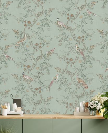 blågrøn chinoiserie tapetmaleri kaldet Vintage Teal Chinoiserie af Bloomery Decor til soveværelser og stuer