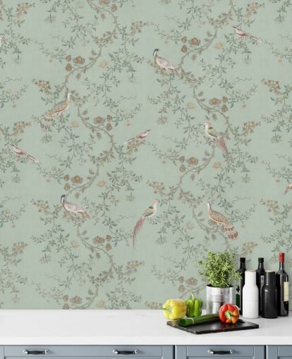teal chinoiserie tapetväggmålning som heter Vintage Teal Chinoiserie av Bloomery Decor för sovrum och vardagsrum