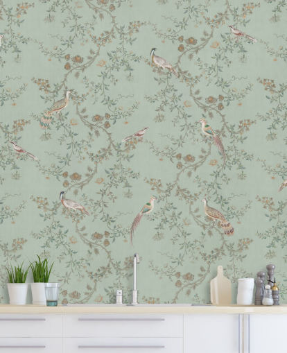 teal chinoiserie tapetväggmålning som heter Vintage Teal Chinoiserie av Bloomery Decor för sovrum och vardagsrum