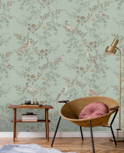 blågrønn chinoiserie tapetmaleri kalt Vintage Teal Chinoiserie av Bloomery Decor for soverom og stuer