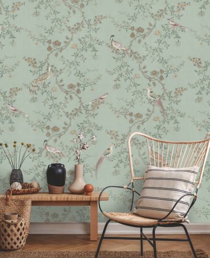 Bloomery Decorin sinivihreä chinoiserie -taustakuvamaalaus nimeltä Vintage Teal Chinoiserie makuuhuoneisiin ja olohuoneisiin