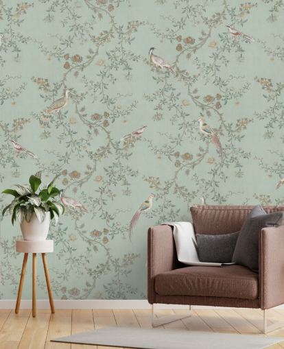 Bloomery Decorin sinivihreä chinoiserie -taustakuvamaalaus nimeltä Vintage Teal Chinoiserie makuuhuoneisiin ja olohuoneisiin