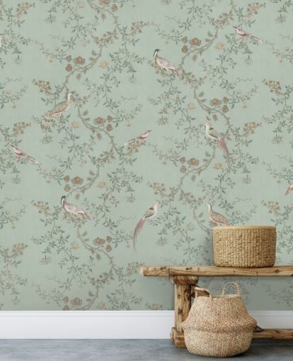 blauwgroen chinoiserie behangmuurschildering genaamd Vintage Teal Chinoiserie van Bloomery Decor voor slaapkamers en woonkamers