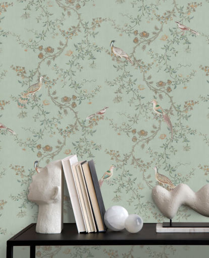 teal chinoiserie wallpaper mural called Vintage Teal Chinoiserie by Bloomery Decor for bedrooms and living rooms