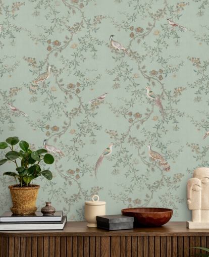 Bloomery Decorin sinivihreä chinoiserie -taustakuvamaalaus nimeltä Vintage Teal Chinoiserie makuuhuoneisiin ja olohuoneisiin