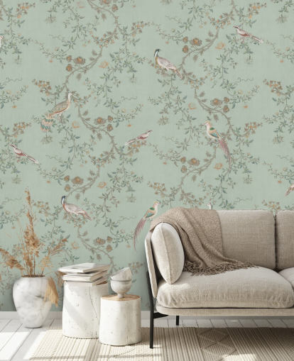 teal chinoiserie wallpaper mural called Vintage Teal Chinoiserie by Bloomery Decor for bedrooms and living rooms