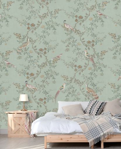Bloomery Decorin sinivihreä chinoiserie -taustakuvamaalaus nimeltä Vintage Teal Chinoiserie makuuhuoneisiin ja olohuoneisiin