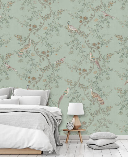 papier peint mural teal chinoiserie appelé Vintage Teal Chinoiserie par Bloomery Decor pour les chambres et les salons