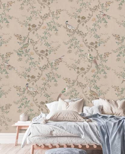 lyserød chinoiserie tapetmaleri kaldet Vintage Blush Chinoiserie af Bloomery Decor til soveværelser og spisestuer