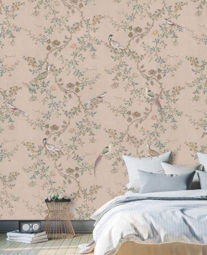 carta da parati murale rosa chinoiserie chiamata Vintage Blush Chinoiserie di Bloomery Decor per camere da letto e sale da pranzo