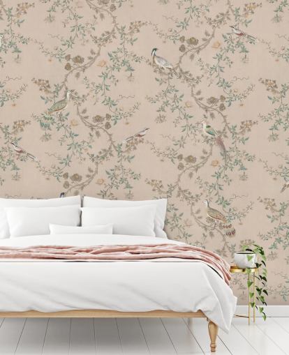 rosa chinoiserie tapetväggmålning som heter Vintage Blush Chinoiserie av Bloomery Decor för sovrum och matsalar