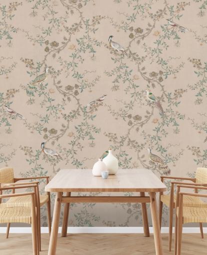 papier peint mural de chinoiserie rose appelé Vintage Blush Chinoiserie par Bloomery Decor pour les chambres et les salles à manger