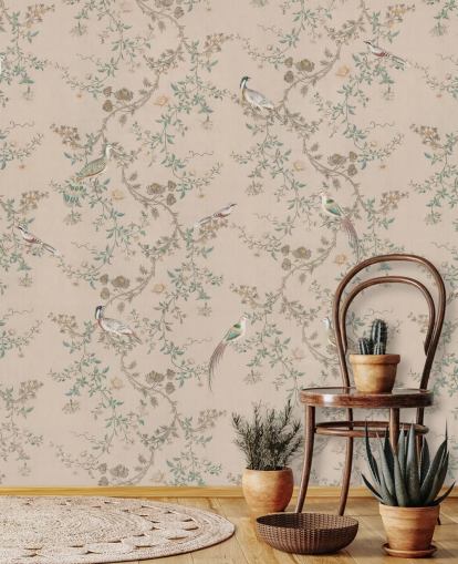 lyserød chinoiserie tapetmaleri kaldet Vintage Blush Chinoiserie af Bloomery Decor til soveværelser og spisestuer