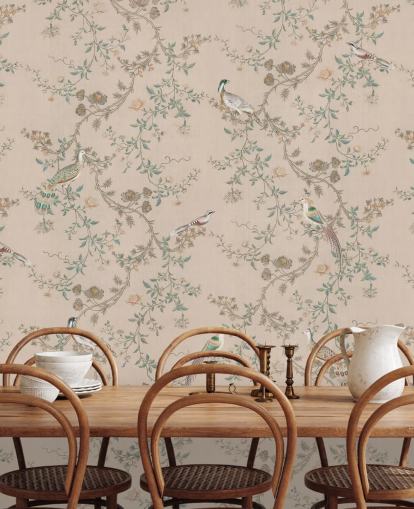 roze chinoiserie behangmuurschildering genaamd Vintage Blush Chinoiserie van Bloomery Decor voor slaapkamers en eetkamers roze chinoiserie behangmuurschildering genaamd Vintage Blush Chinoiserie van Bloomery Decor voor slaapkamers en eetkamers