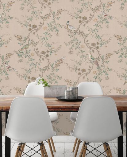 roze chinoiserie behangmuurschildering genaamd Vintage Blush Chinoiserie van Bloomery Decor voor slaapkamers en eetkamers