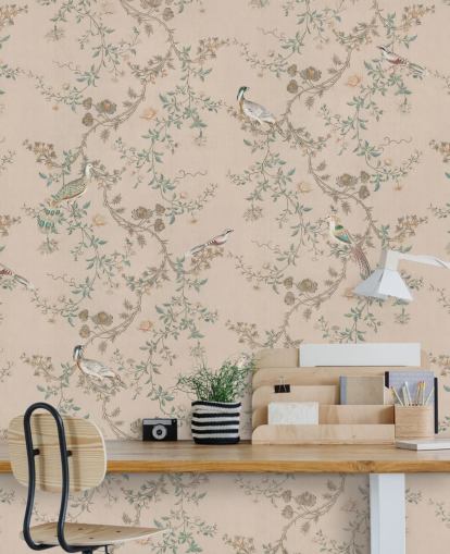 pink chinoiserie wallpaper mural called Vintage Blush Chinoiserie by Bloomery Decor for bedrooms and dining rooms