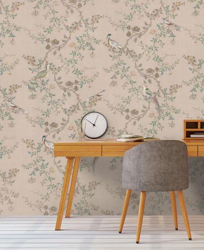 pink chinoiserie wallpaper mural called Vintage Blush Chinoiserie by Bloomery Decor for bedrooms and dining rooms