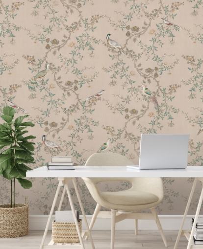 pinke Chinoiserie-Tapete namens Vintage Blush Chinoiserie von Bloomery Decor für Schlafzimmer und Esszimmer pinke Chinoiserie-Tapete namens Vintage Blush Chinoiserie von Bloomery Decor für Schlafzimmer und Esszimmer