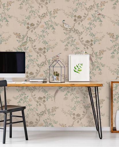 pinke Chinoiserie-Tapete namens Vintage Blush Chinoiserie von Bloomery Decor für Schlafzimmer und Esszimmer