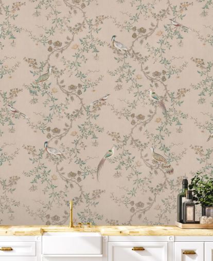 carta da parati murale rosa chinoiserie chiamata Vintage Blush Chinoiserie di Bloomery Decor per camere da letto e sale da pranzo