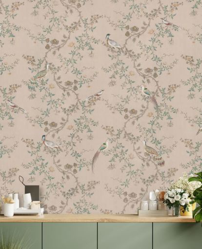 mural de papel de parede chinoiserie rosa chamado Vintage Blush Chinoiserie da Bloomery Decor para quartos e salas de jantar