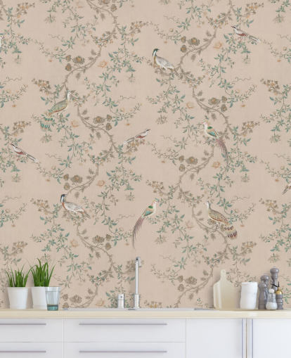 pinke Chinoiserie-Tapete namens Vintage Blush Chinoiserie von Bloomery Decor für Schlafzimmer und Esszimmer pinke Chinoiserie-Tapete namens Vintage Blush Chinoiserie von Bloomery Decor für Schlafzimmer und Esszimmer