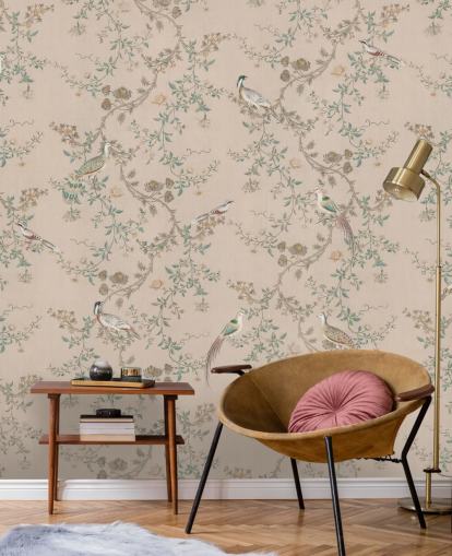 pink chinoiserie wallpaper mural called Vintage Blush Chinoiserie by Bloomery Decor for bedrooms and dining rooms