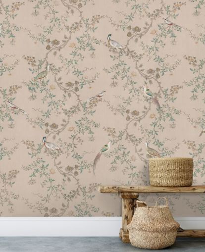 carta da parati murale rosa chinoiserie chiamata Vintage Blush Chinoiserie di Bloomery Decor per camere da letto e sale da pranzo