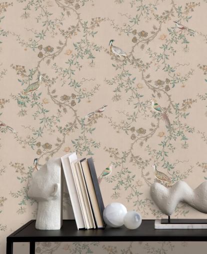 mural de papel pintado de chinoiserie rosa llamado Vintage Blush Chinoiserie de Bloomery Decor para dormitorios y comedores