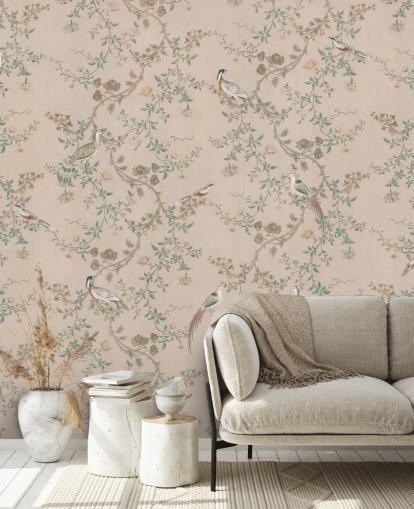 mural de papel pintado de chinoiserie rosa llamado Vintage Blush Chinoiserie de Bloomery Decor para dormitorios y comedores
