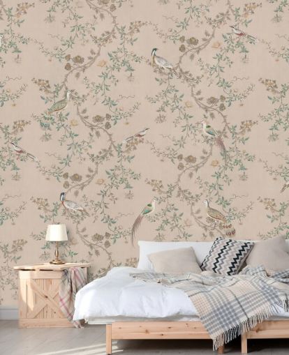 pink chinoiserie wallpaper mural called Vintage Blush Chinoiserie by Bloomery Decor for bedrooms and dining rooms