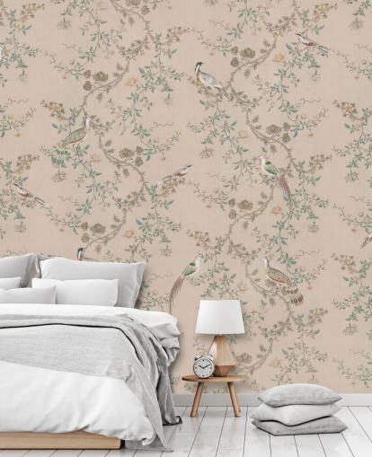 carta da parati murale rosa chinoiserie chiamata Vintage Blush Chinoiserie di Bloomery Decor per camere da letto e sale da pranzo