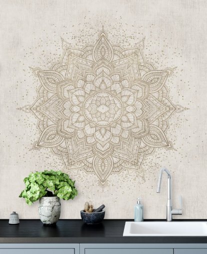 carta da parati murale con mandala dorato chiamato Vintage Golden Mandala di Bloomery Decor per camere da letto, uffici e aziende