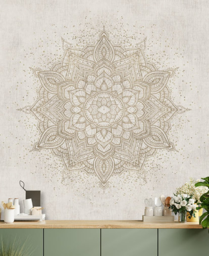 mural de papel pintado con mandala dorado llamado Vintage Golden Mandala de Bloomery Decor para dormitorios, oficinas y negocios mural de papel pintado con mandala dorado llamado Vintage Golden Mandala de Bloomery Decor para dormitorios, oficinas y negocios