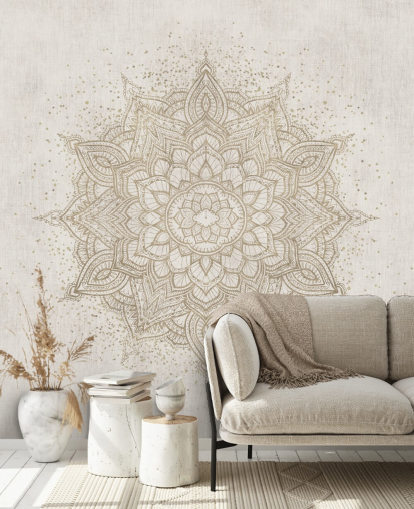 mural de papel pintado con mandala dorado llamado Vintage Golden Mandala de Bloomery Decor para dormitorios, oficinas y negocios