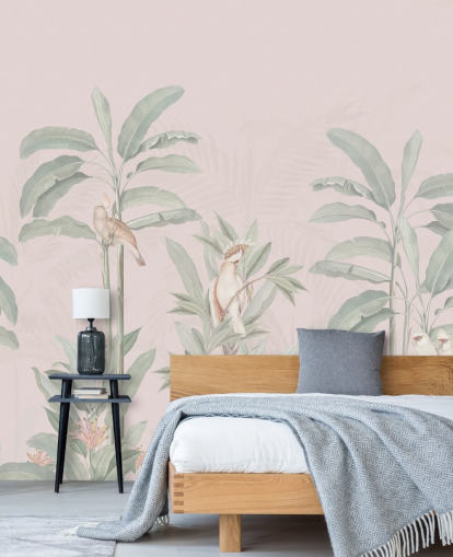rosafarbenes Dschungel-Tapeten-Wandbild namens Vintage Blush Tropical Jungle von Bloomery Decor für Schlafzimmer und Wohnzimmer