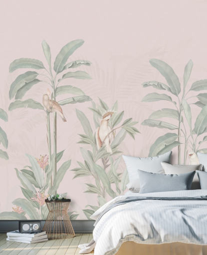 mural rosa de la jungla llamado Vintage Blush Tropical Jungle de Bloomery Decor para dormitorios y salas de estar mural rosa de la jungla llamado Vintage Blush Tropical Jungle de Bloomery Decor para dormitorios y salas de estar