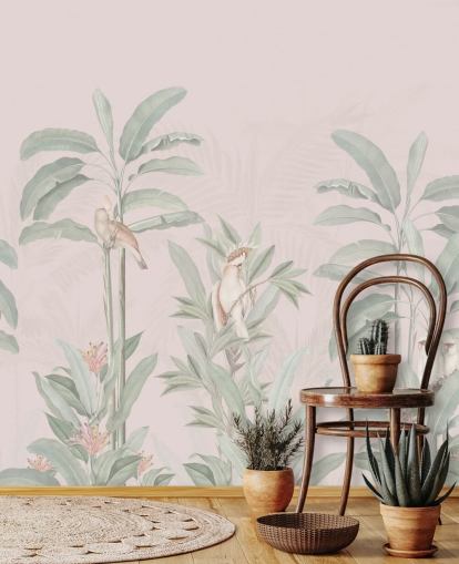 pink jungle wallpaper mural called Vintage Blush Tropical Jungle by Bloomery Decor for bedrooms and living rooms