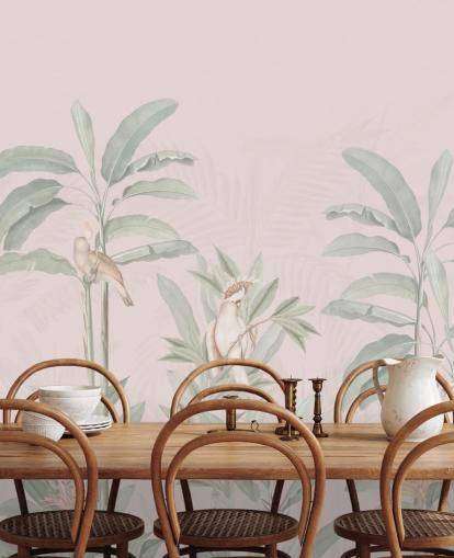 lyserød jungle tapetmaleri kaldet Vintage Blush Tropical Jungle af Bloomery Decor til soveværelser og stuer lyserød jungle tapetmaleri kaldet Vintage Blush Tropical Jungle af Bloomery Decor til soveværelser og stuer