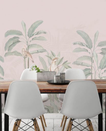 vaaleanpunainen viidakon taustakuvamaalaus nimeltä Vintage Blush Tropical Jungle by Bloomery Decor makuuhuoneisiin ja olohuoneisiin