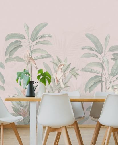 rosa jungel tapetmaleri kalt Vintage Blush Tropical Jungle av Bloomery Decor for soverom og stuer