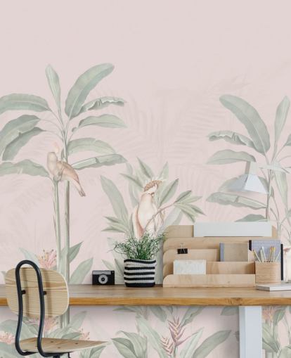 lyserød jungle tapetmaleri kaldet Vintage Blush Tropical Jungle af Bloomery Decor til soveværelser og stuer lyserød jungle tapetmaleri kaldet Vintage Blush Tropical Jungle af Bloomery Decor til soveværelser og stuer