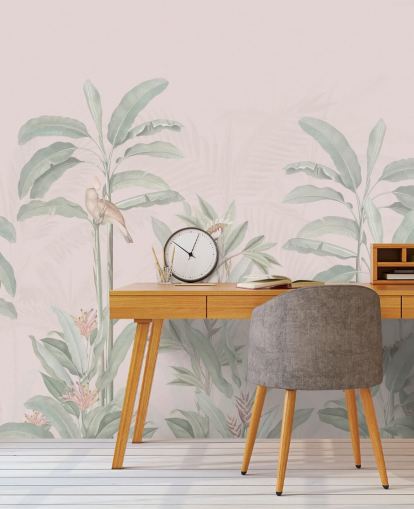 rosafarbenes Dschungel-Tapeten-Wandbild namens Vintage Blush Tropical Jungle von Bloomery Decor für Schlafzimmer und Wohnzimmer