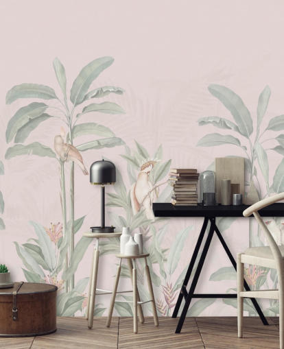 rosafarbenes Dschungel-Tapeten-Wandbild namens Vintage Blush Tropical Jungle von Bloomery Decor für Schlafzimmer und Wohnzimmer
