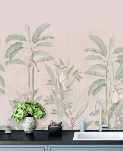 pink jungle wallpaper mural called Vintage Blush Tropical Jungle by Bloomery Decor for bedrooms and living rooms