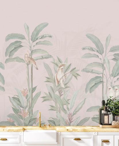 lyserød jungle tapetmaleri kaldet Vintage Blush Tropical Jungle af Bloomery Decor til soveværelser og stuer
