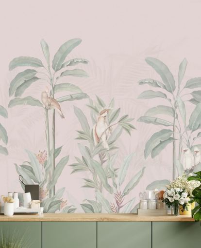 mural rosa de la jungla llamado Vintage Blush Tropical Jungle de Bloomery Decor para dormitorios y salas de estar